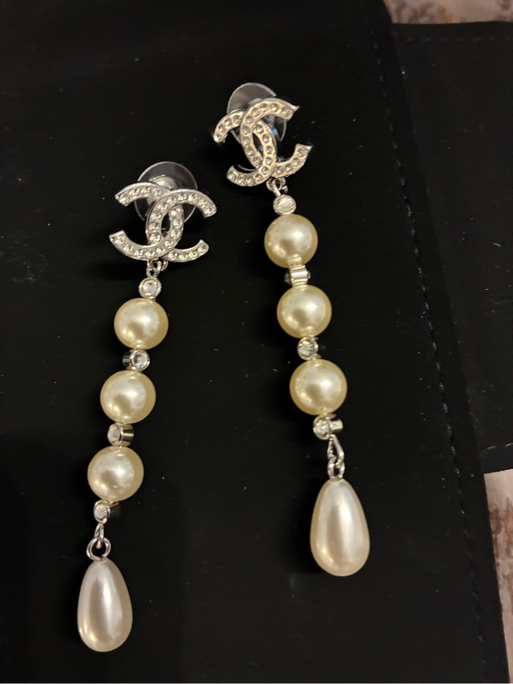 Authentic CHANEL Silver Tone Crystal CC Pearl Drop Earrings!!